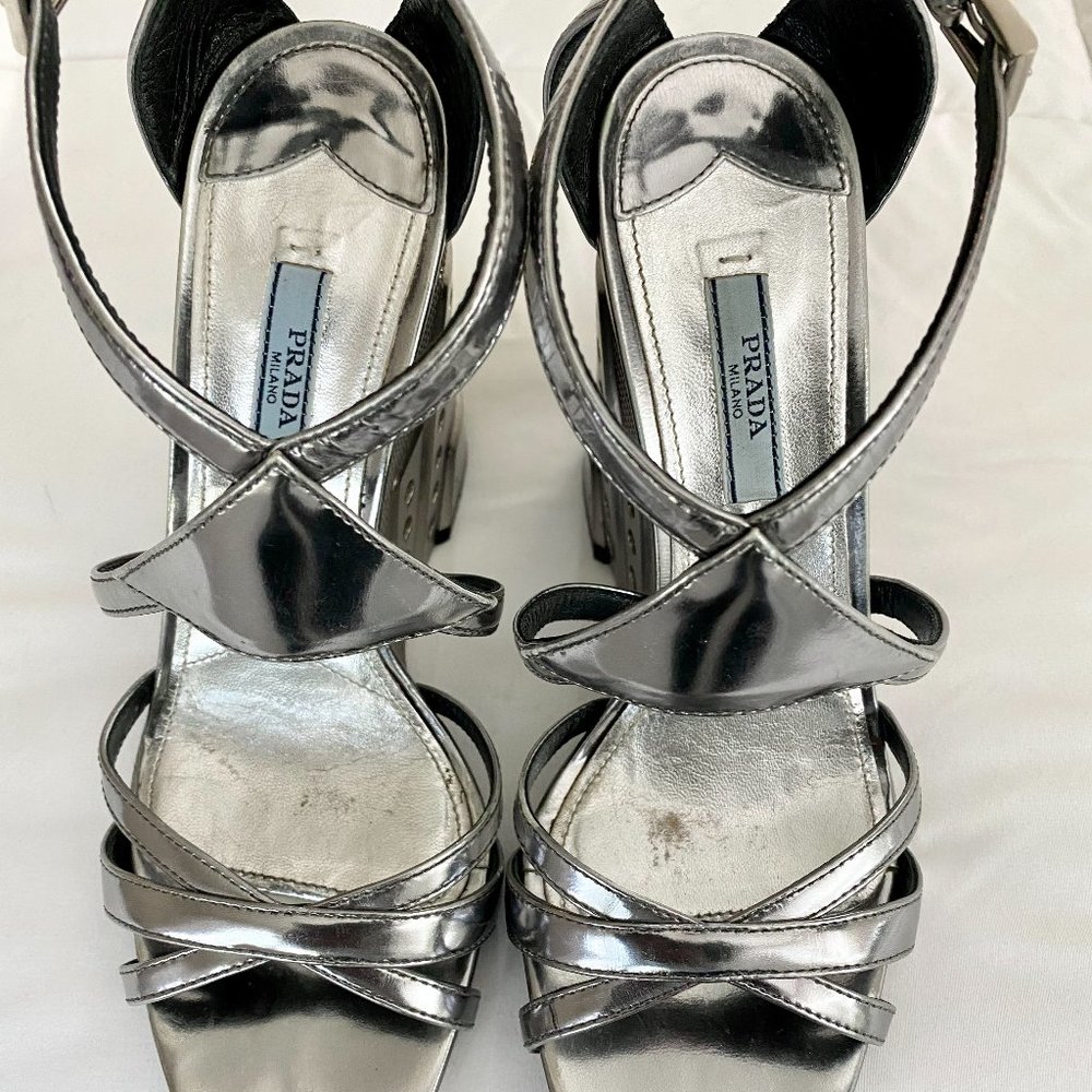 Prada Metallic Chrome Wedge Ankle Strap Sandals